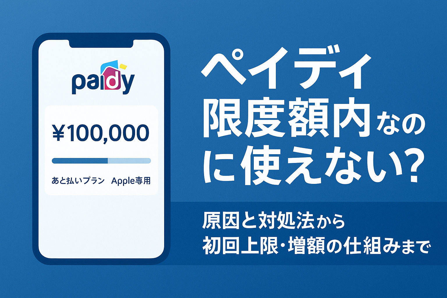 「ペイディ限度額内なのに使えない?原因と対処法から初回上限・増額の仕組みまで解説」というタイトルが中央に大きく配置された、信頼感あるブルー基調のデジタルグラフィック。左下に「限度額」「使えない原因」「対策」「増額条件」などの関連キーワードが視認性高く並び、後払い・資金管理に関心を持つユーザーの不安を解消する内容を想起させる構成。金融系らしい落ち着いた配色で、スマホユーザーにも読みやすいレイアウト。