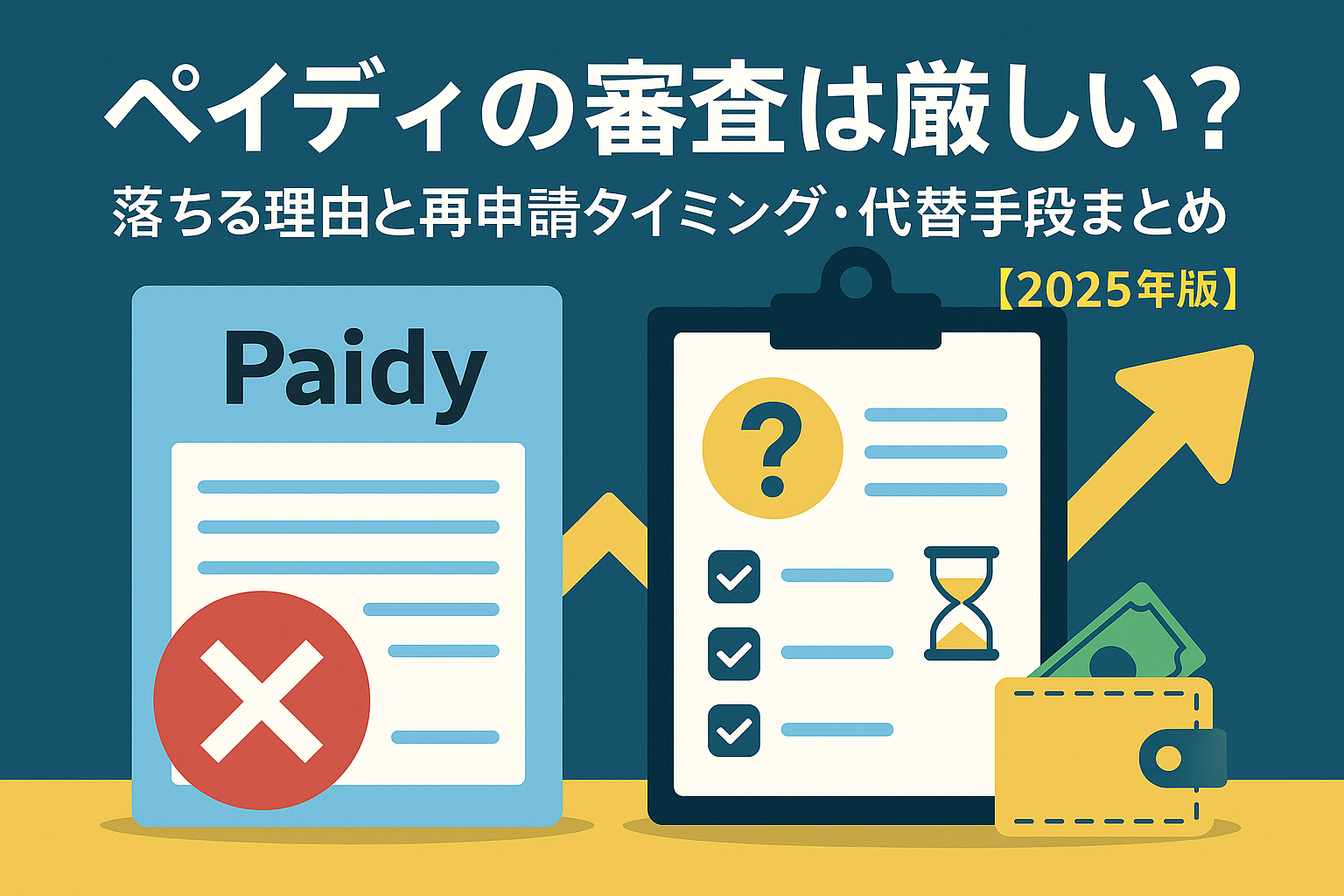 ペイディの審査に不安を感じる方向け｜落ちる理由と再申請・代替手段を解説した2025年版ガイドのアイキャッチ画像。審査・再申請・代替アプリをわかりやすく表現した日本語デジタルイラスト。
