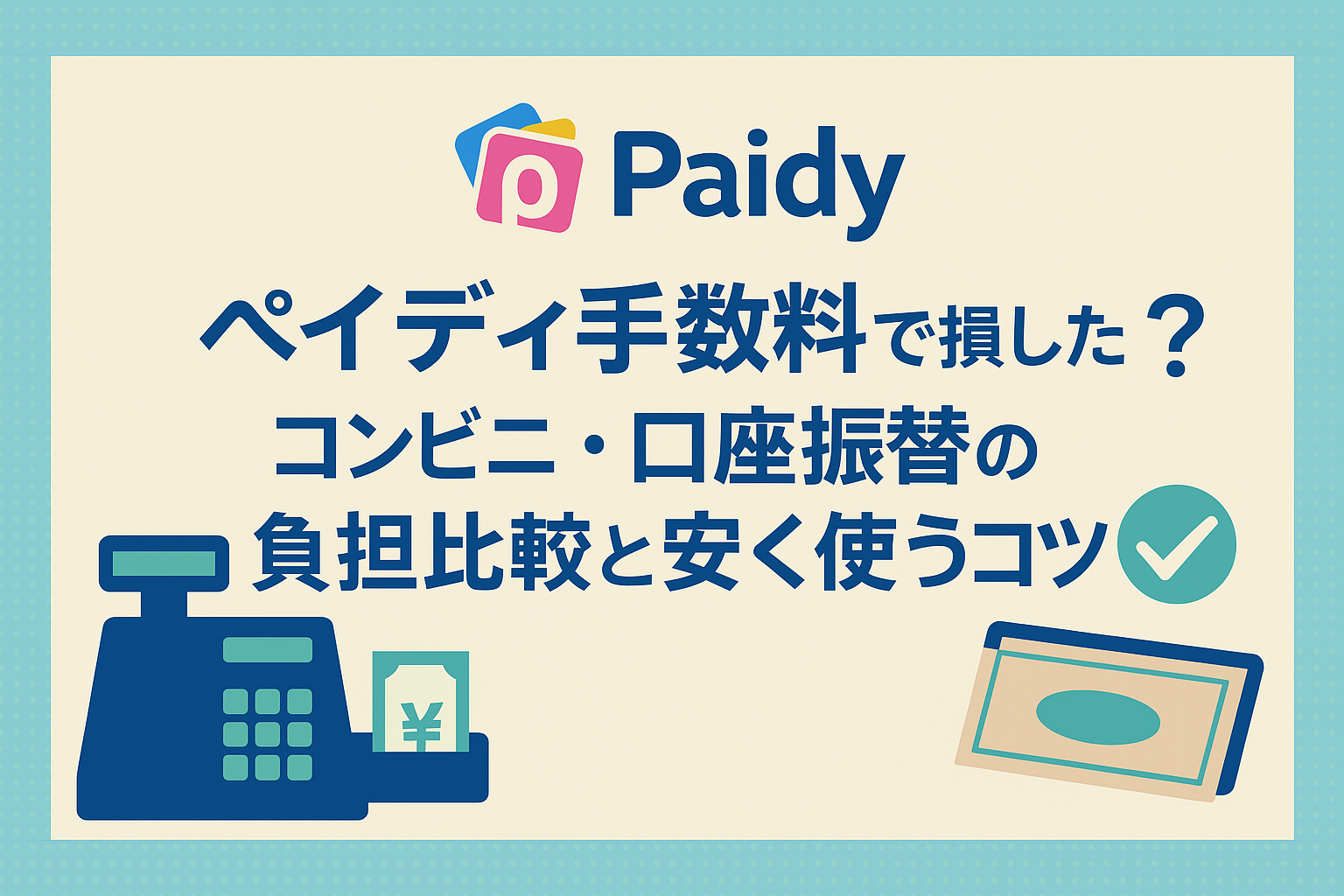 ペイディ手数料の負担比較と節約術を紹介する信頼感のある横長バナー（1200×900px）、水色と白を基調にしたペイディ風デザイン。
