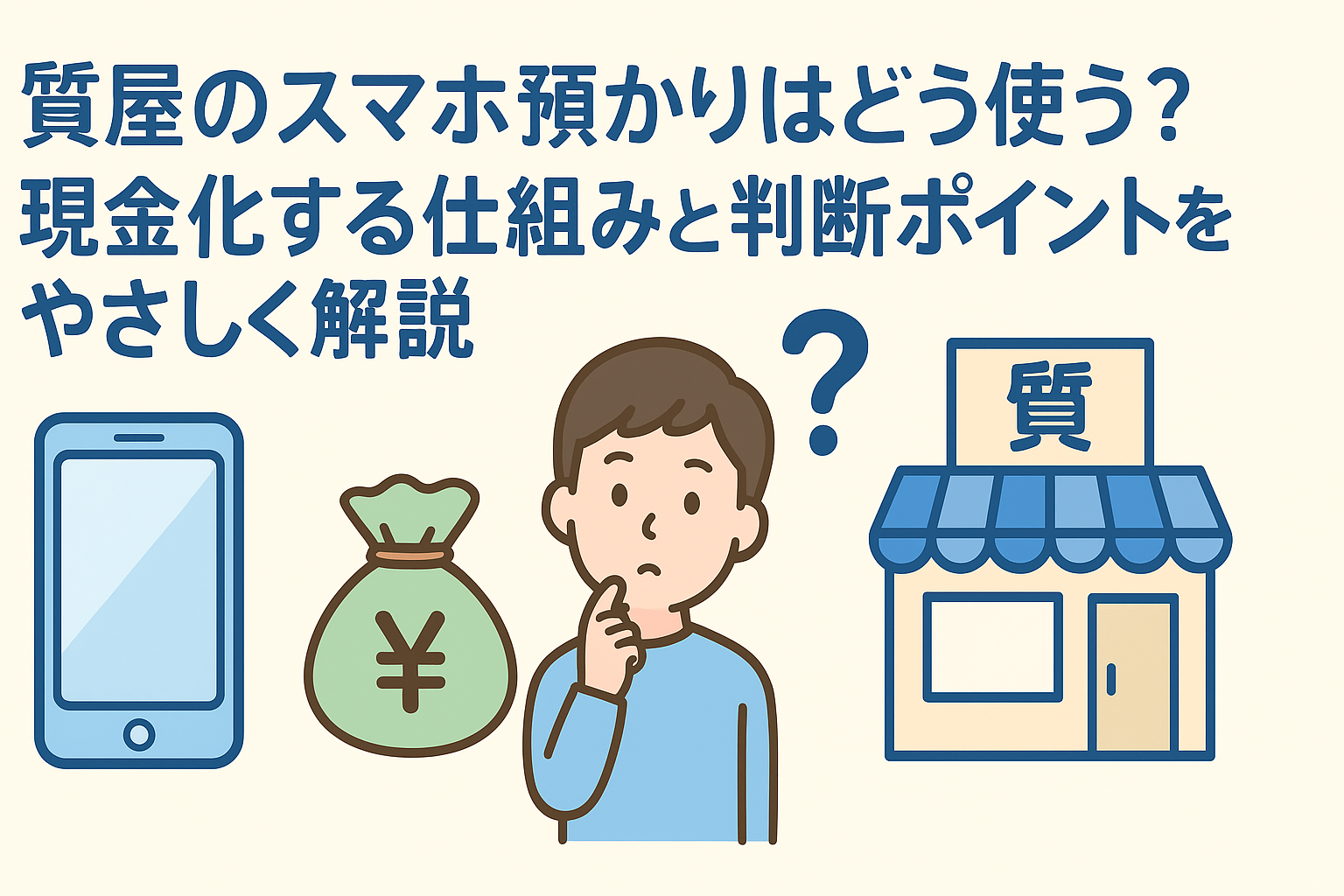 「質屋のスマホ預かりはどう使う？現金化する仕組みと判断ポイントをやさしく解説」を案内する横長バナー