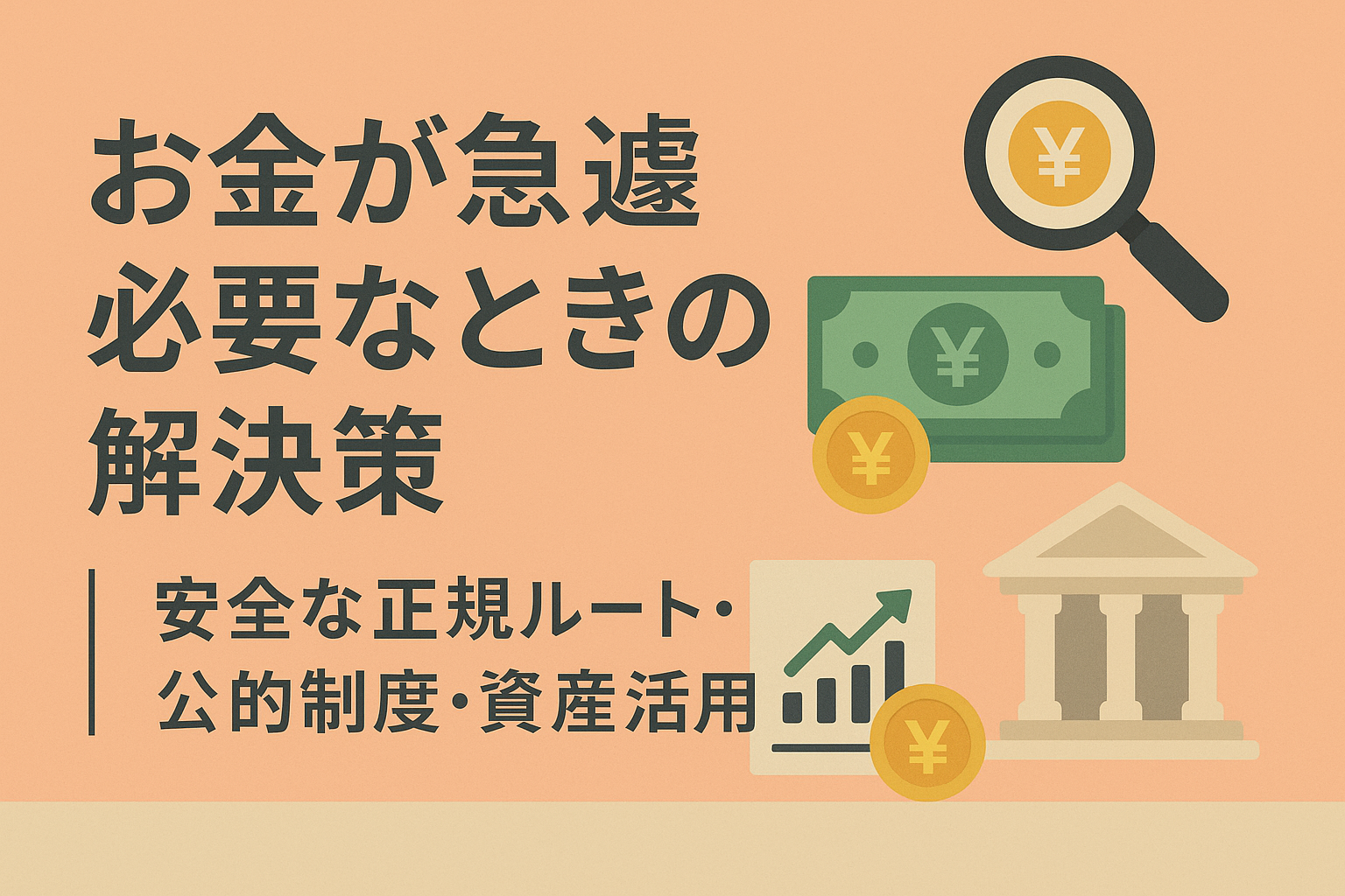 急にお金が必要なときの安全な対処法を表すアイキャッチ画像。桃色系背景に金融アイコンを配置し、「お金が急遽必要なときの解決策｜安全な正規ルート・公的制度・資産活用」と大きく表記。借入審査に落ちた人や銀行で借りられない人向けの資金調達情報をイメージしたデザイン。
