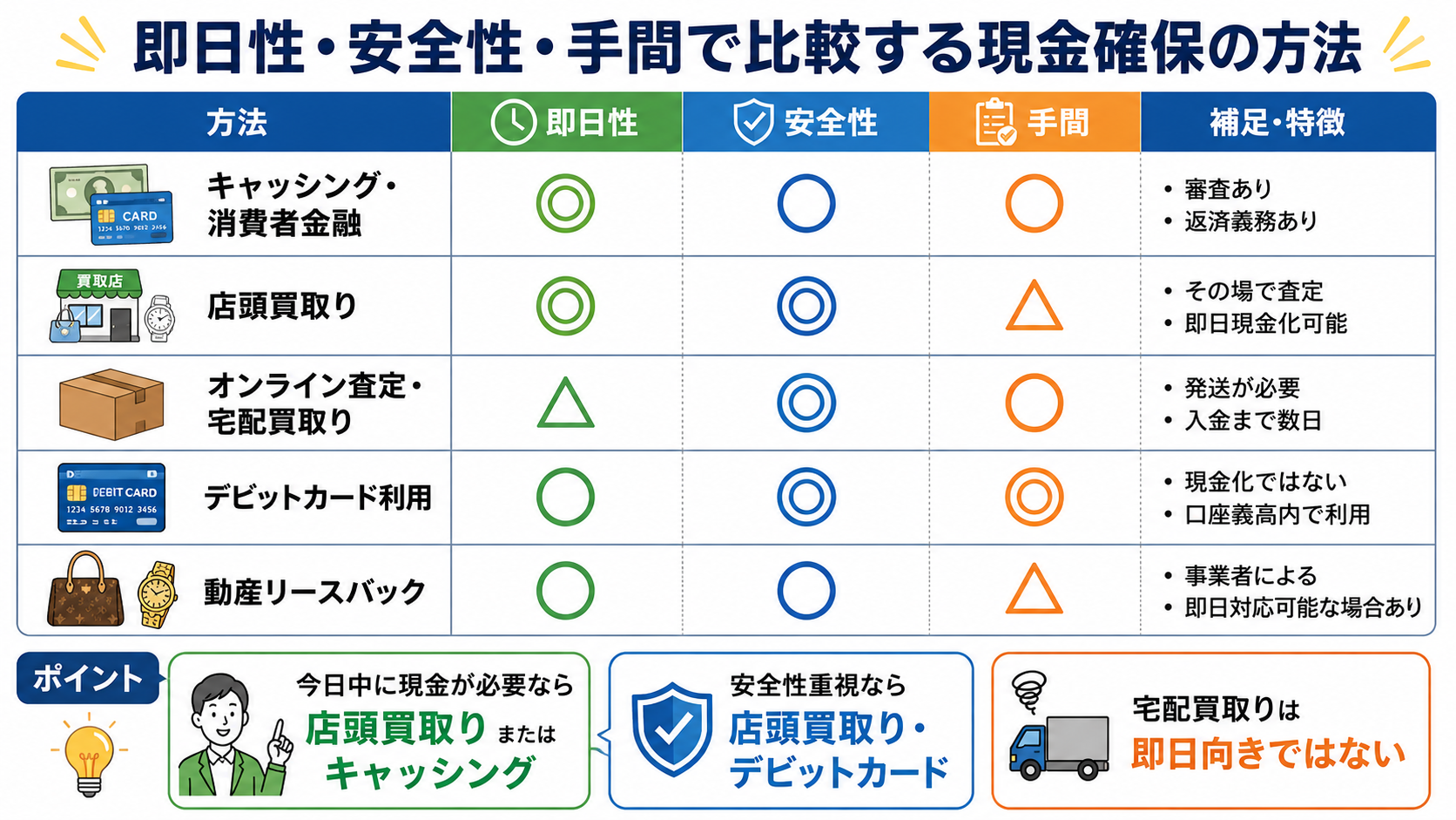 即日性・安全性・手間で比較する現金確保の方法