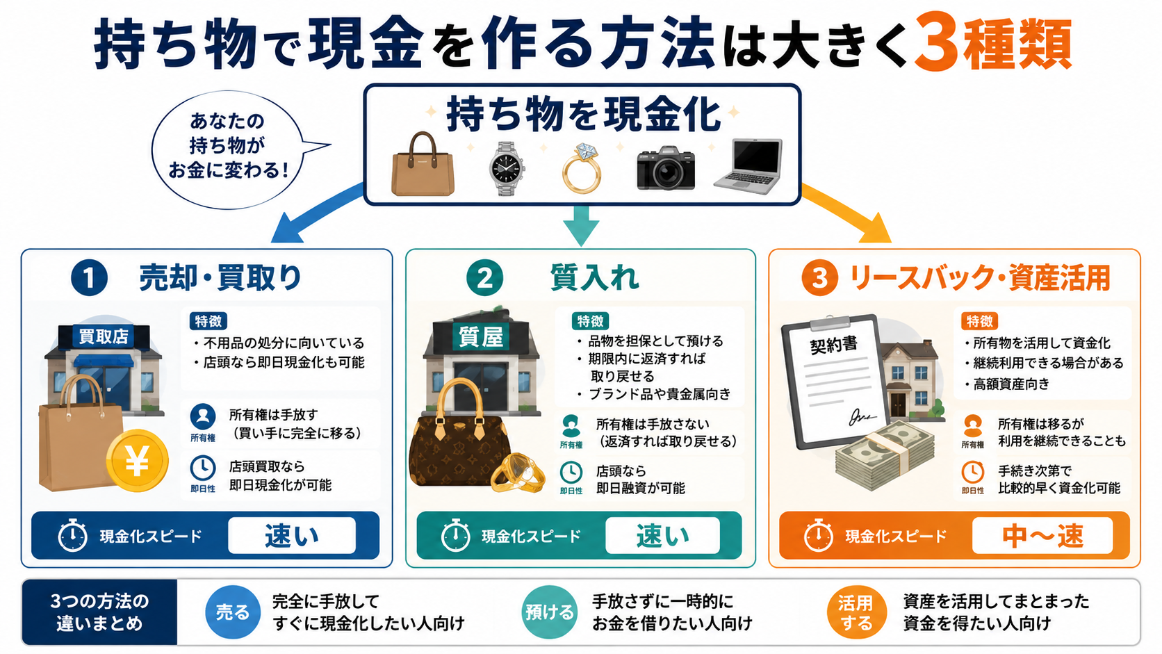 持ち物で現金を作る方法は大きく3種類